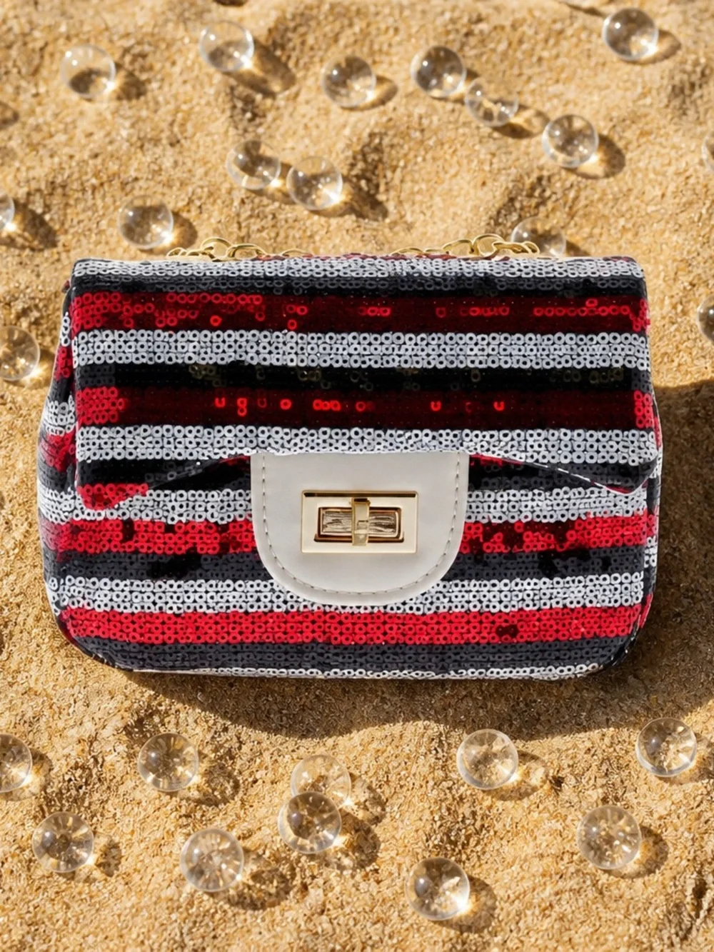 NWT Doe A Dear Girls Striped Sequin Purse Crossbody Black Red White Gold Accents